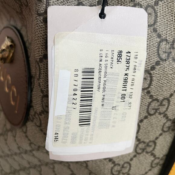 New GUCCI Neo Vintage GG Supreme Bucket Backpack Tiger Head Logo Drawstring Tan - Picture 13 of 16